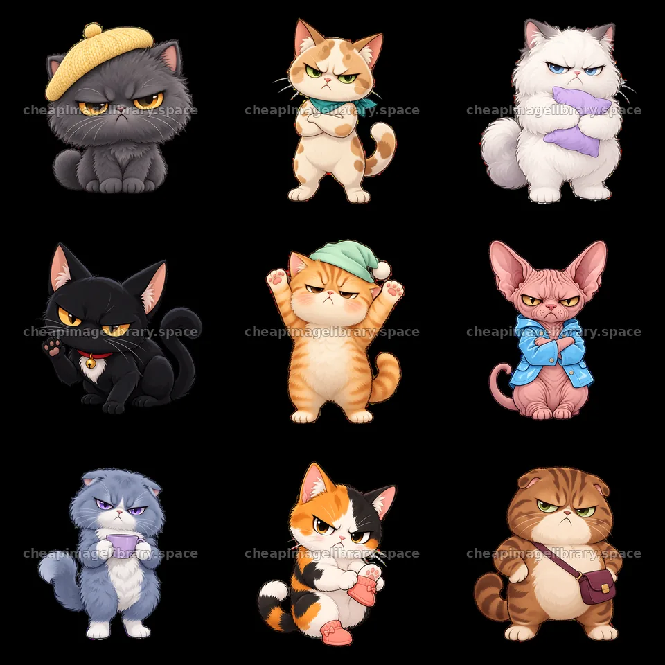 Kawaii grumpy cats in various poses and outfits in a 3x3 grid – image library 7746x7746