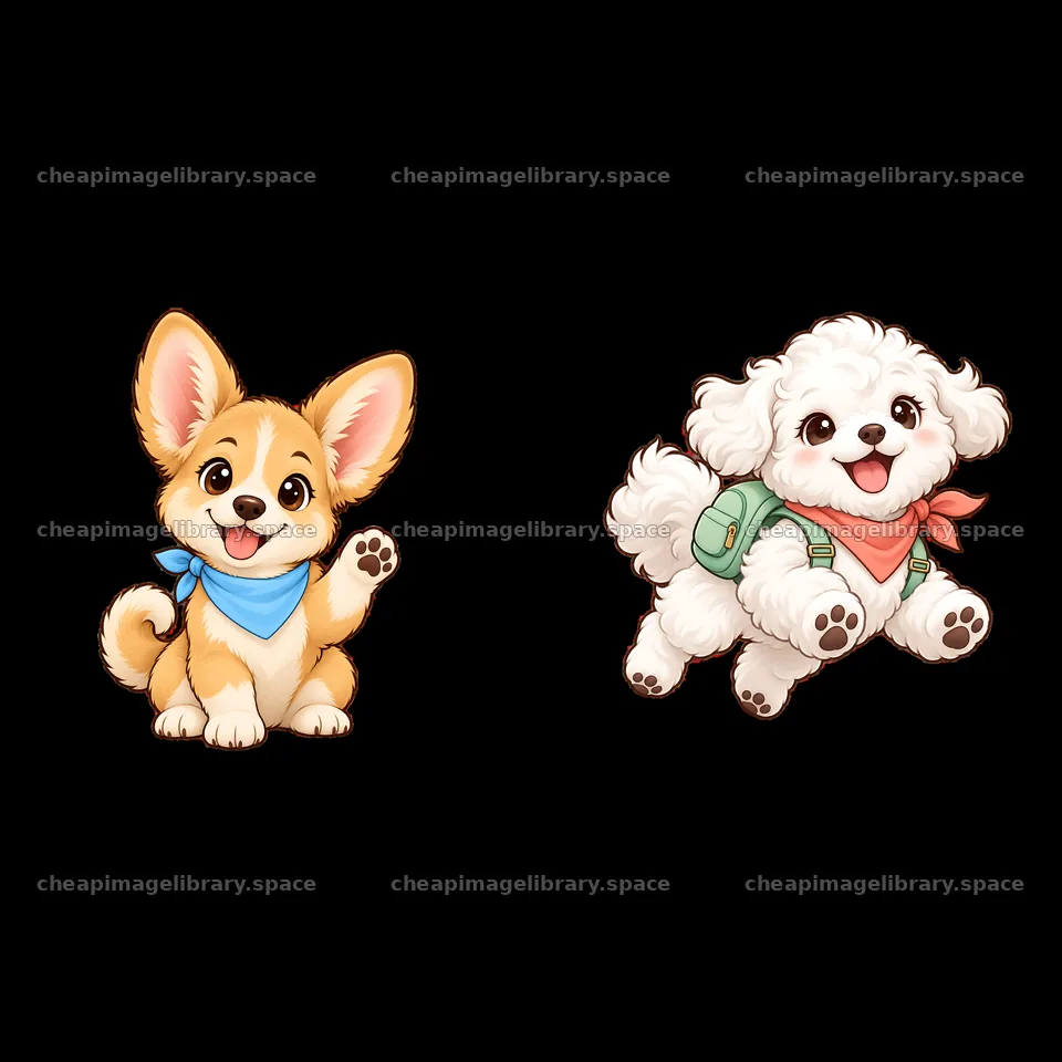 Cute cartoon dogs with accessories playing together – image library 7746x7746