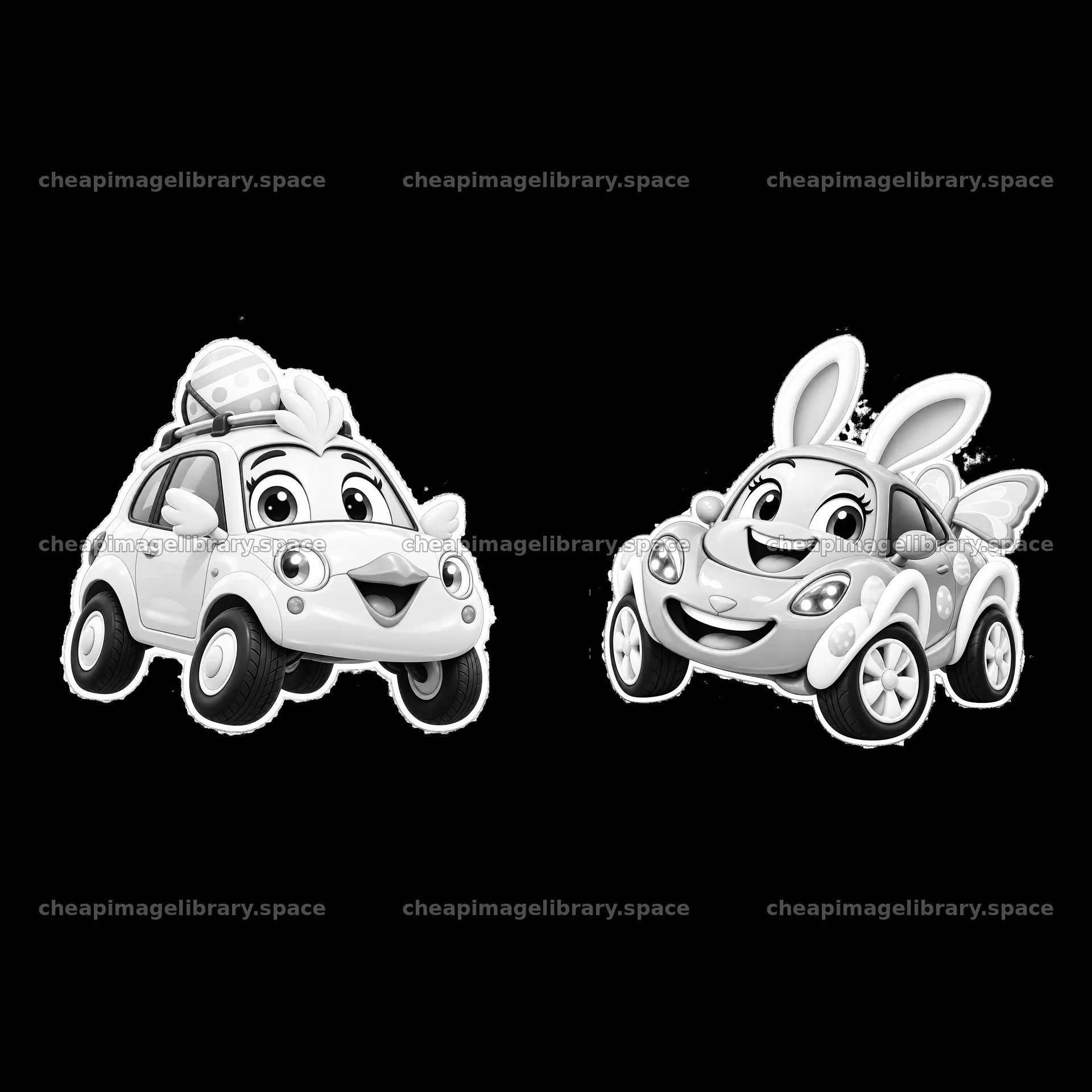 Easter themed cartoon cars with happy faces and accessories – image library 7746x7746