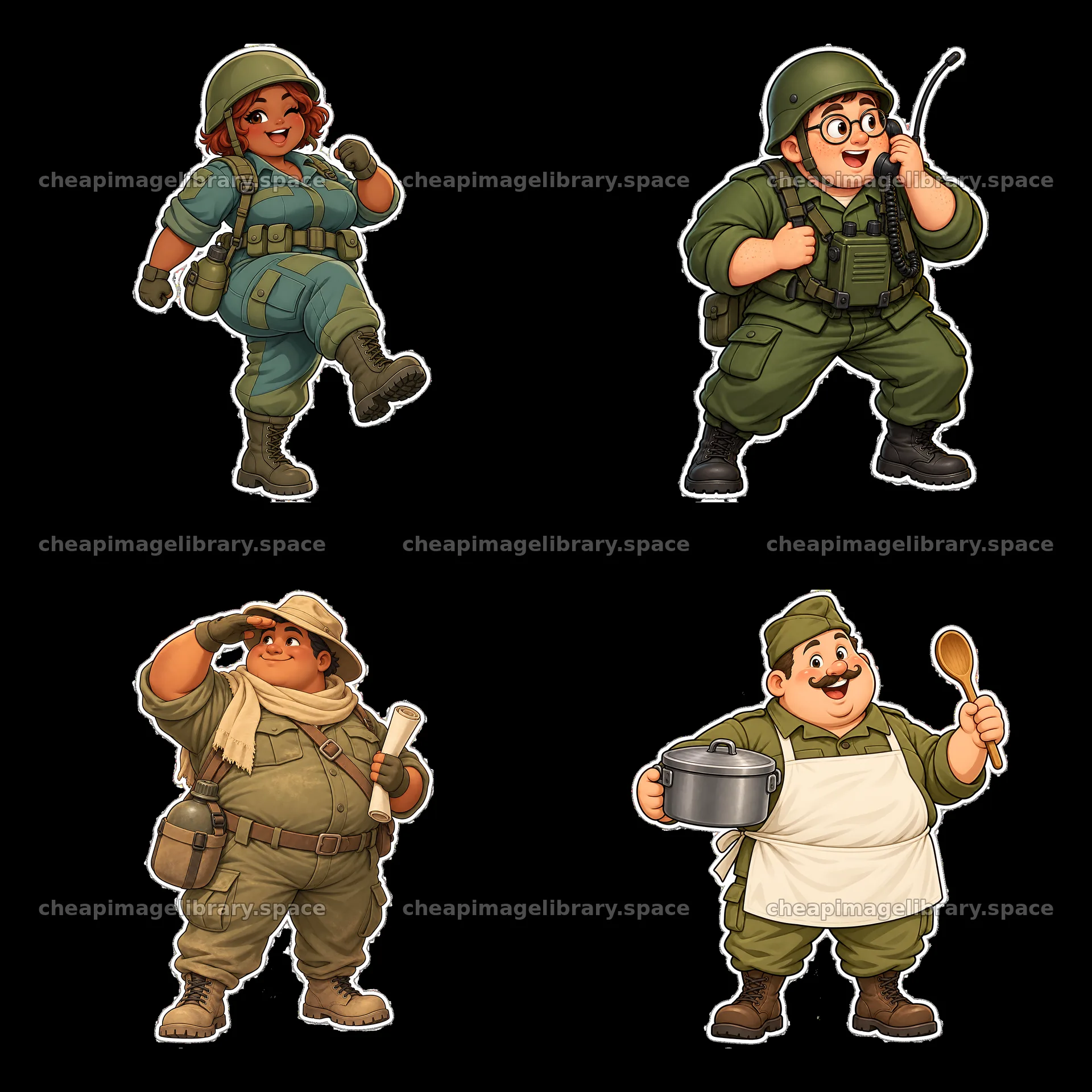 Cute ultra-chubby soldiers in playful cartoon style – image library 7746x7746
