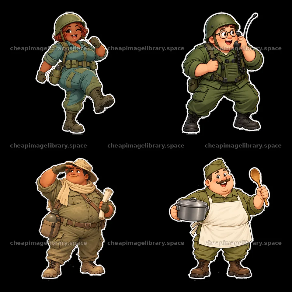 Cute ultra-chubby soldiers in playful cartoon style – image library 7746x7746