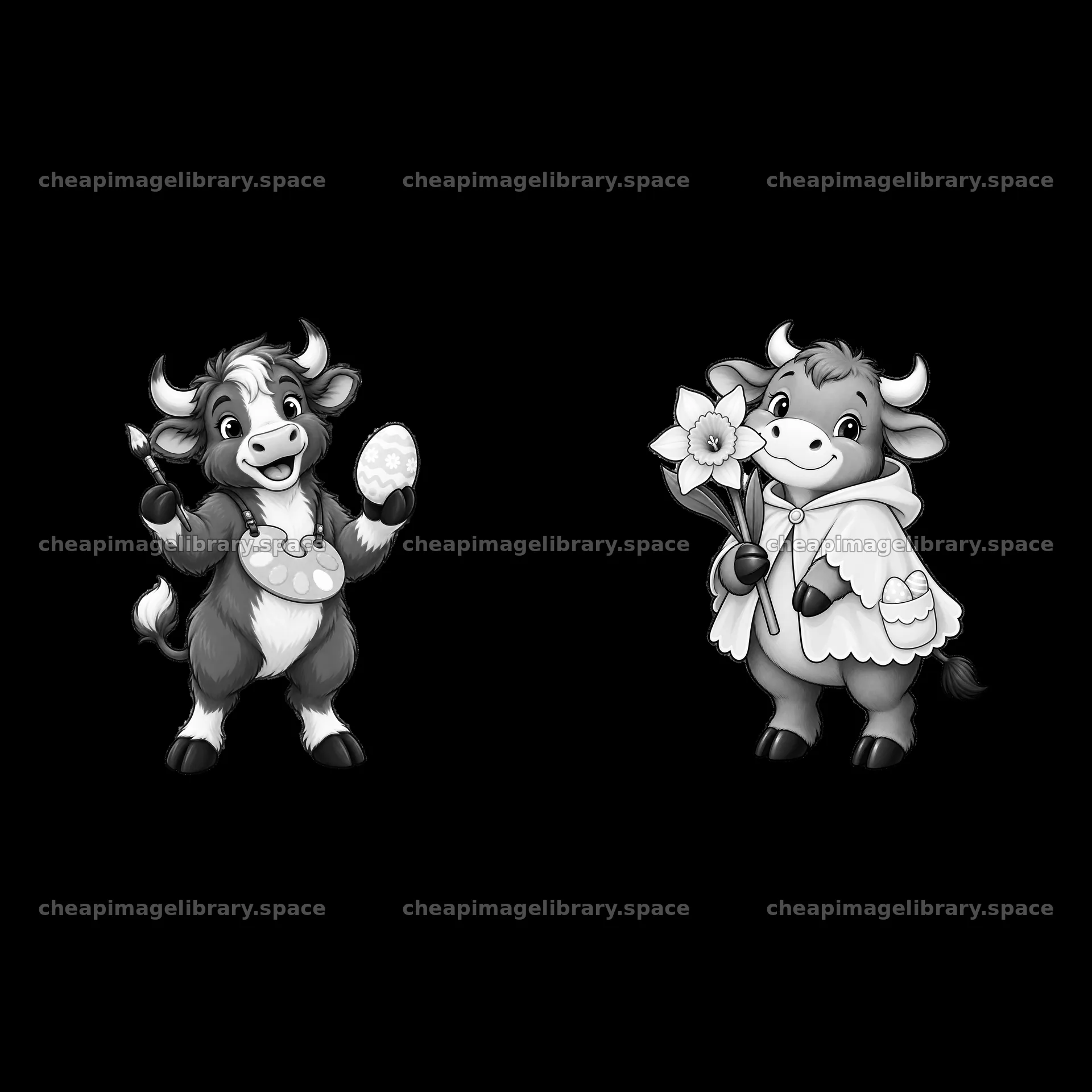 Easter ox characters with egg and flowers in black-and-white style – image library 7746x7746