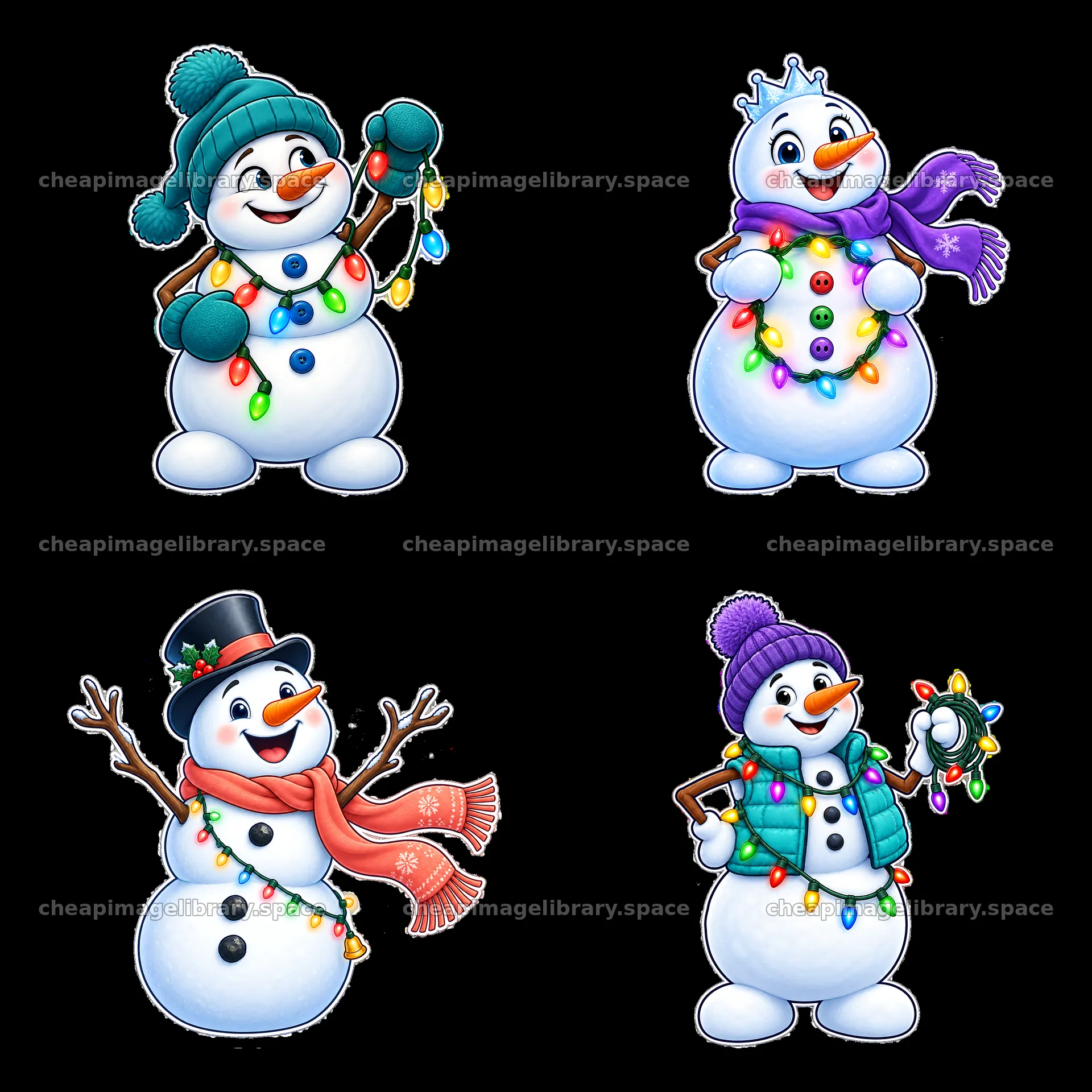 Snowman characters with string lights in playful poses – image library 7746x7746