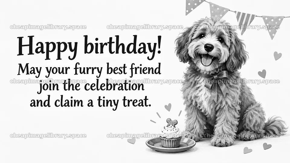 Monochrome Birthday Greeting with Dog and Treat – image library 10324x5812