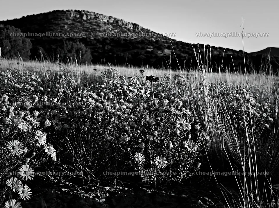 Drought-tolerant meadow with wildflowers at sunset – image library 9174x6866