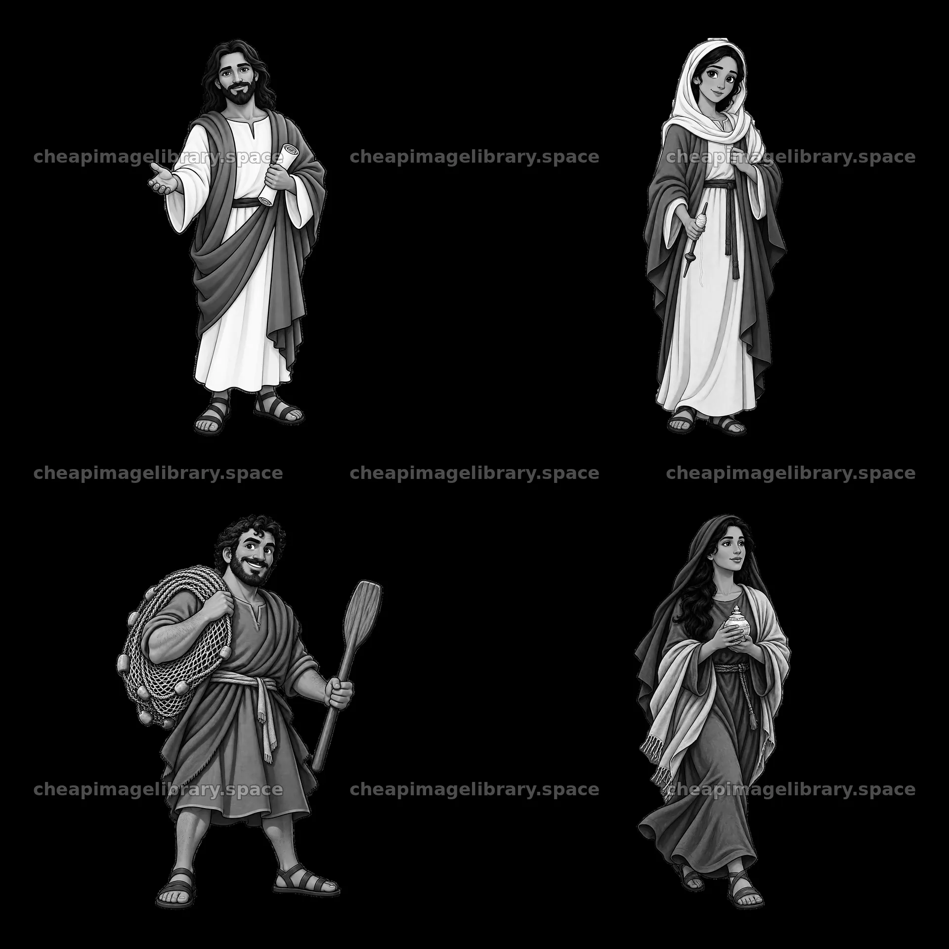 Monochrome cartoon stickers of Jesus and biblical characters – image library 7746x7746
