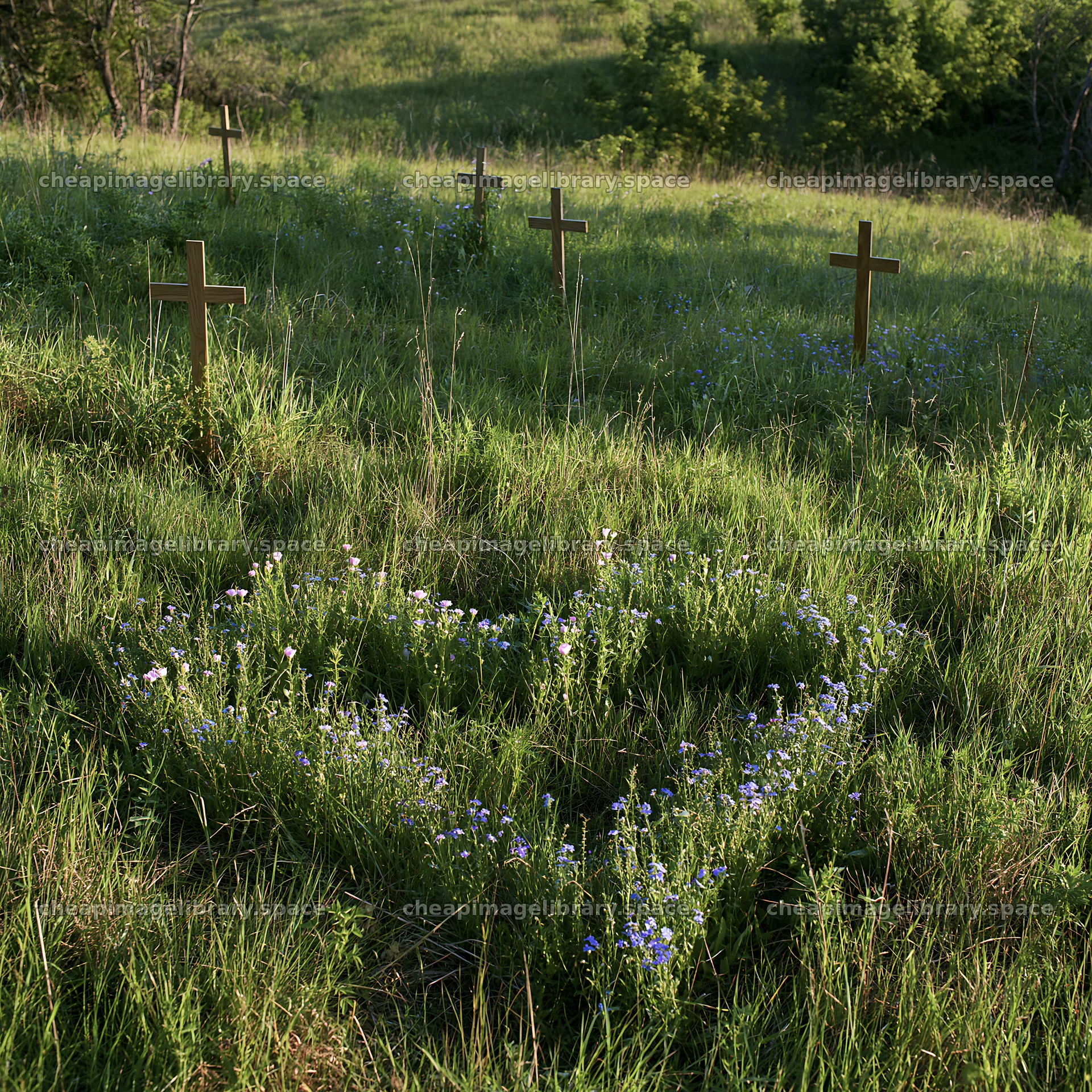 Christian crosses in a meadow with wildflowers and greenery – image library 7938x7938