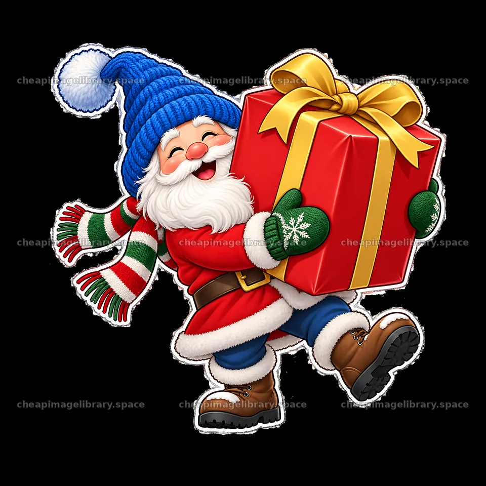 Gnome carrying a big red present with a yellow bow – image library 7746x7746