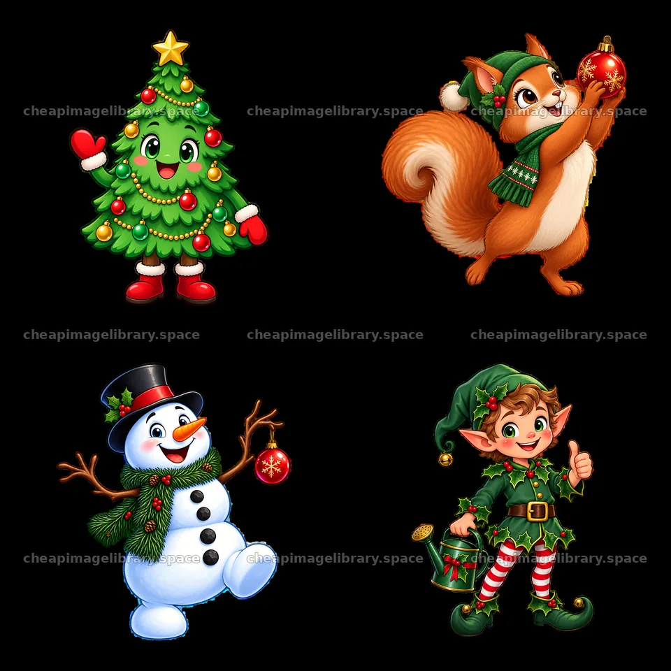 Christmas figures with tree, snowy figure, squirrel, and elf – image library 7746x7746