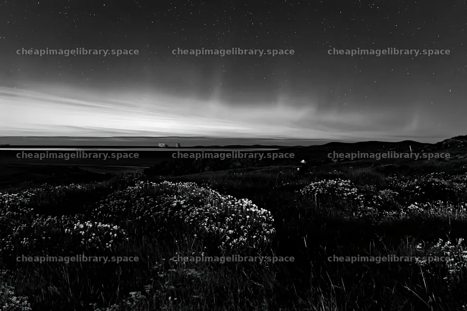 Aurora lights over meadow and coast during night sky – image library 9722x6480
