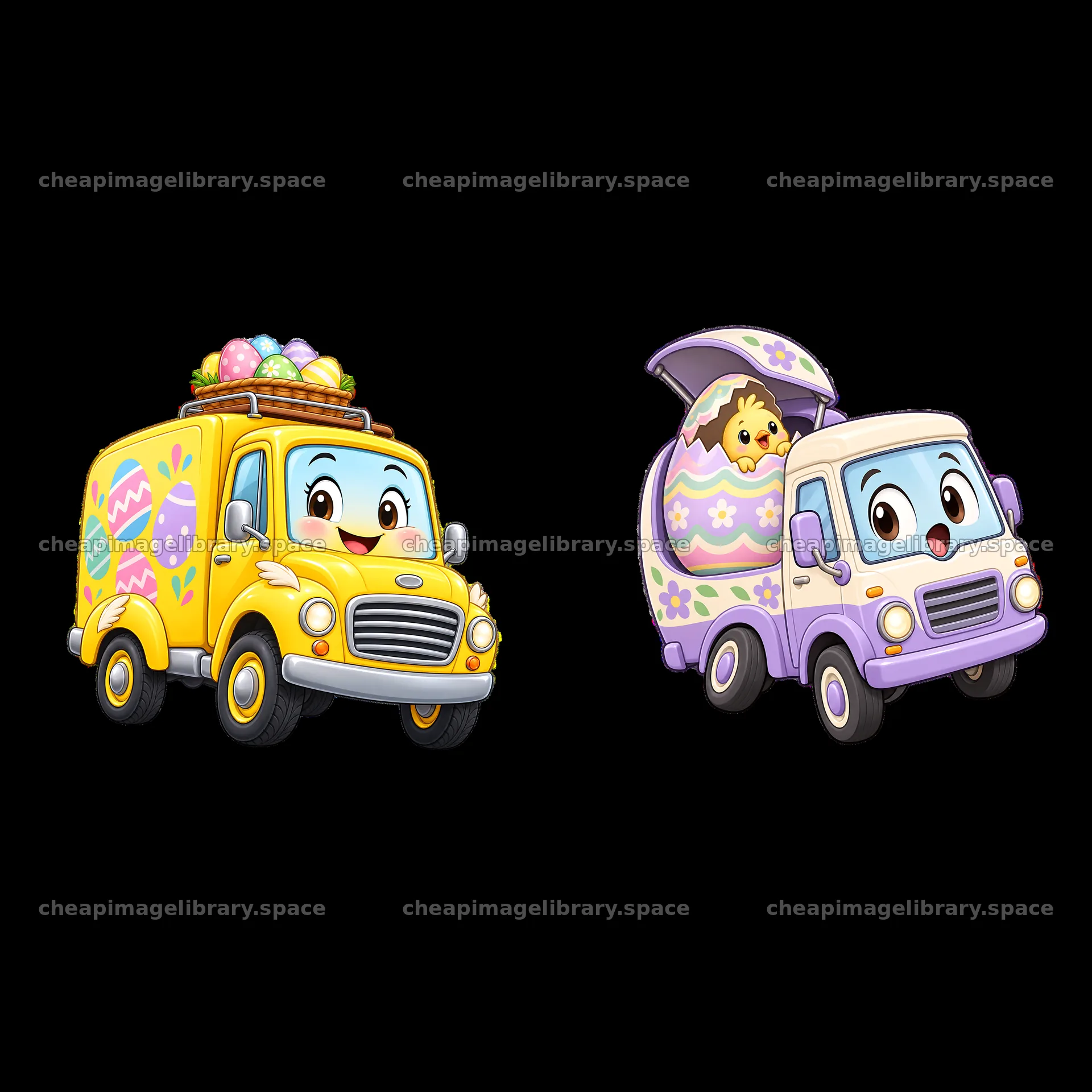 Easter trucks with colorful decorations and cute characters – image library 7746x7746