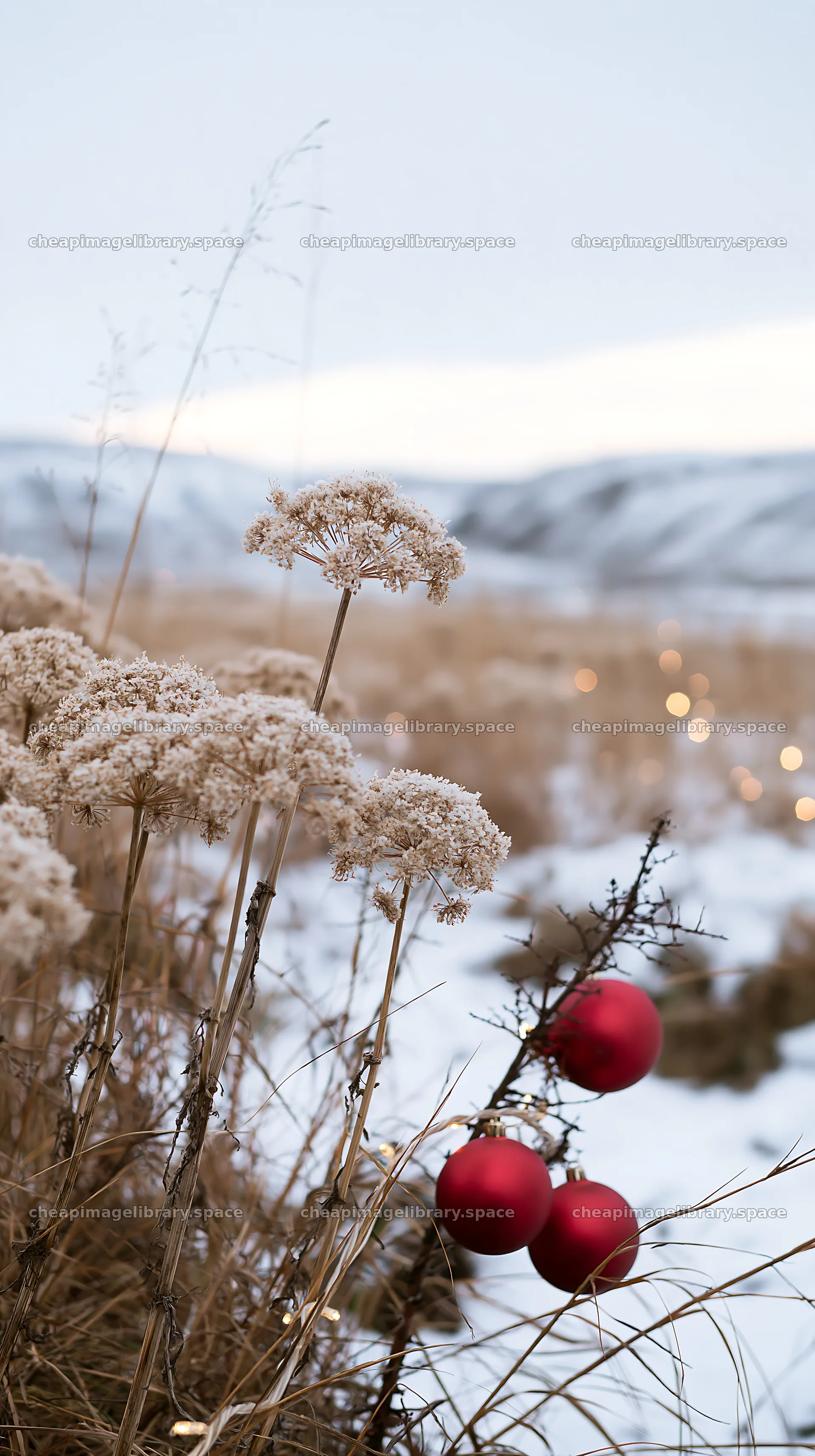 Christmas meadow with winter grasses and red baubles – image library 5938x10608