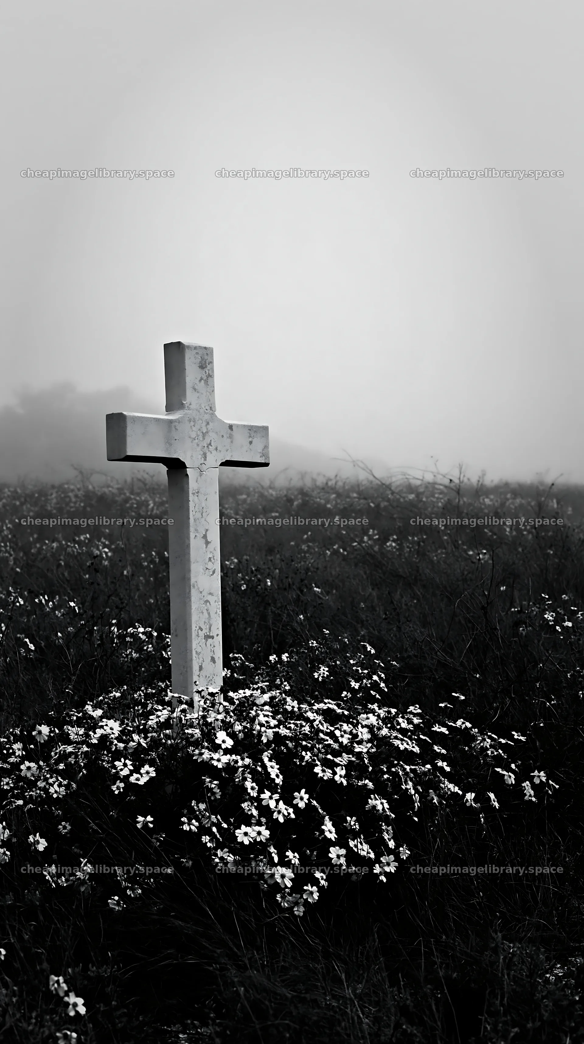 Christian cross in a yellow wildflower meadow – image library 5938x10608