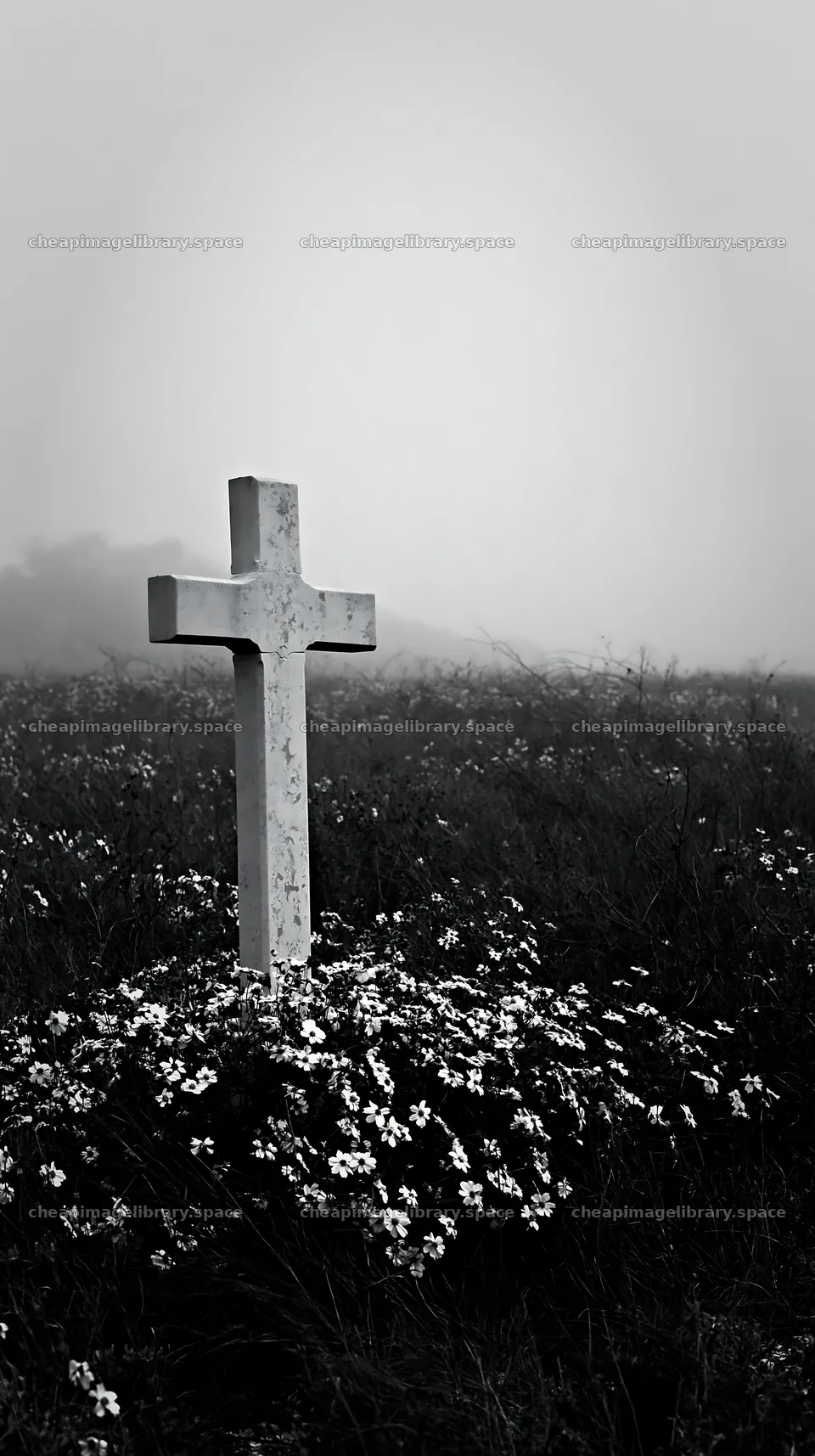 Christian cross in a yellow wildflower meadow – image library 5938x10608
