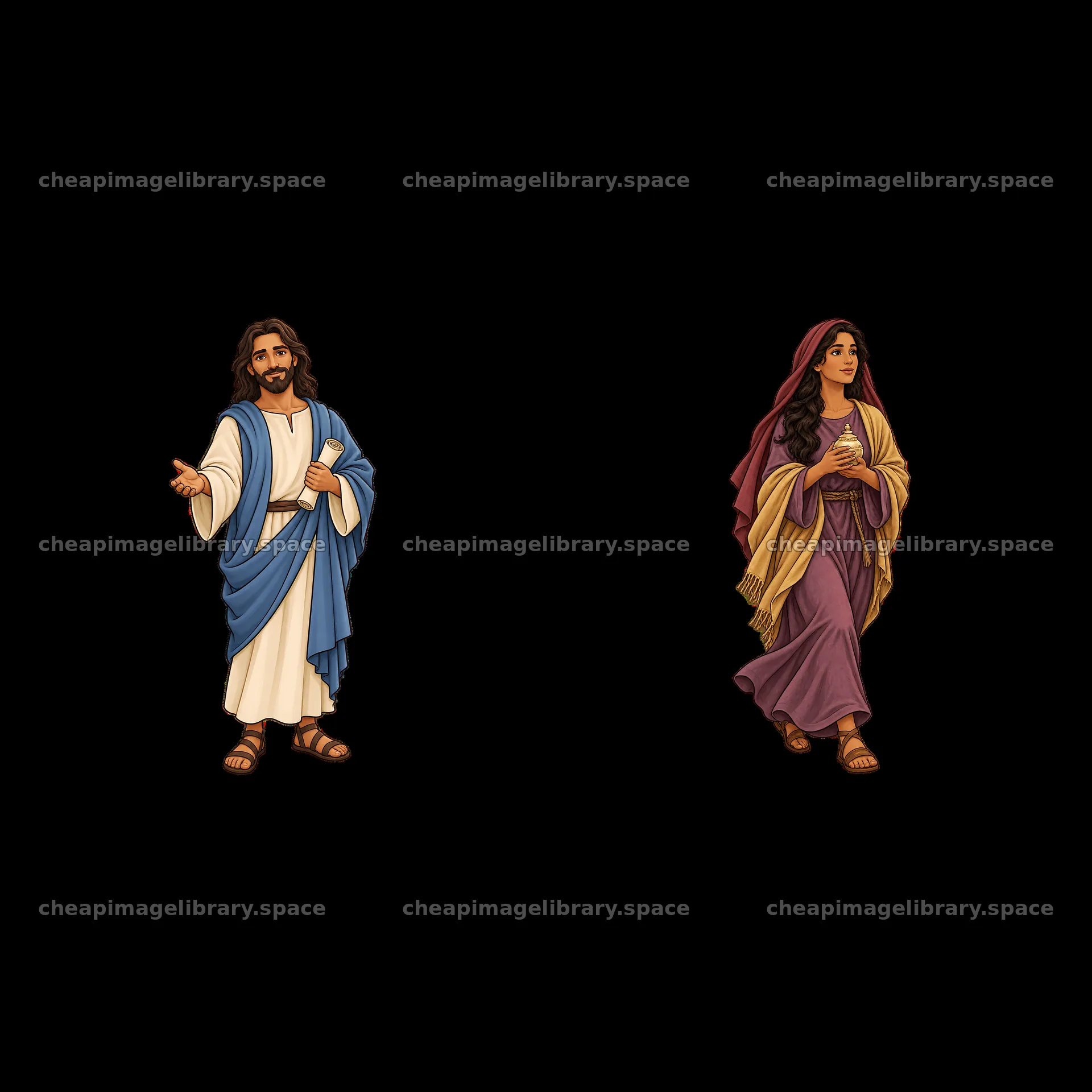 Jesus gestures to a woman in flowing robes – image library 7746x7746