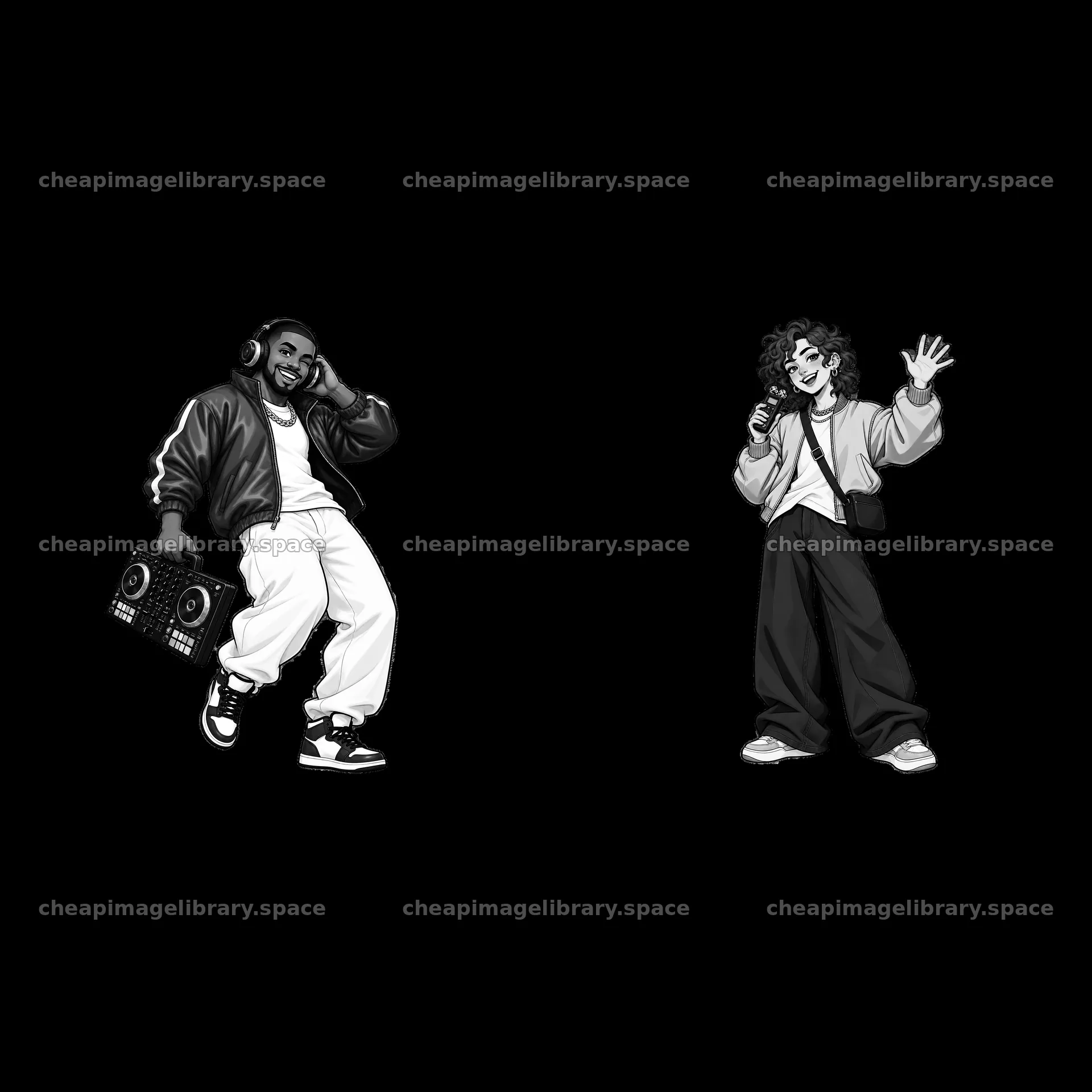 Hip-hop artists with a boombox and microphone in black and white – image library 7746x7746