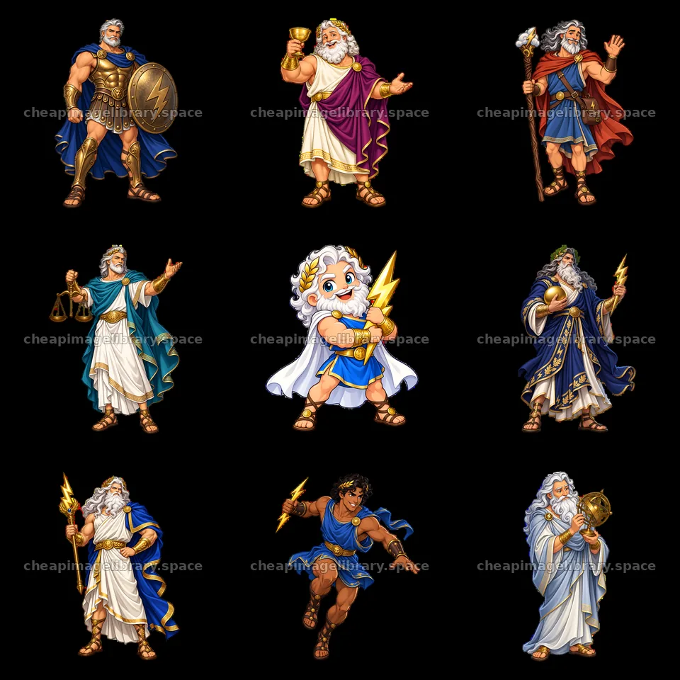 Zeus cartoon sticker illustrations in a 3x3 layout – image library 7746x7746