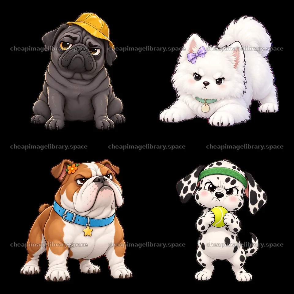 Kawaii grumpy dog cartoon stickers in 2x2 layout – image library 7746x7746