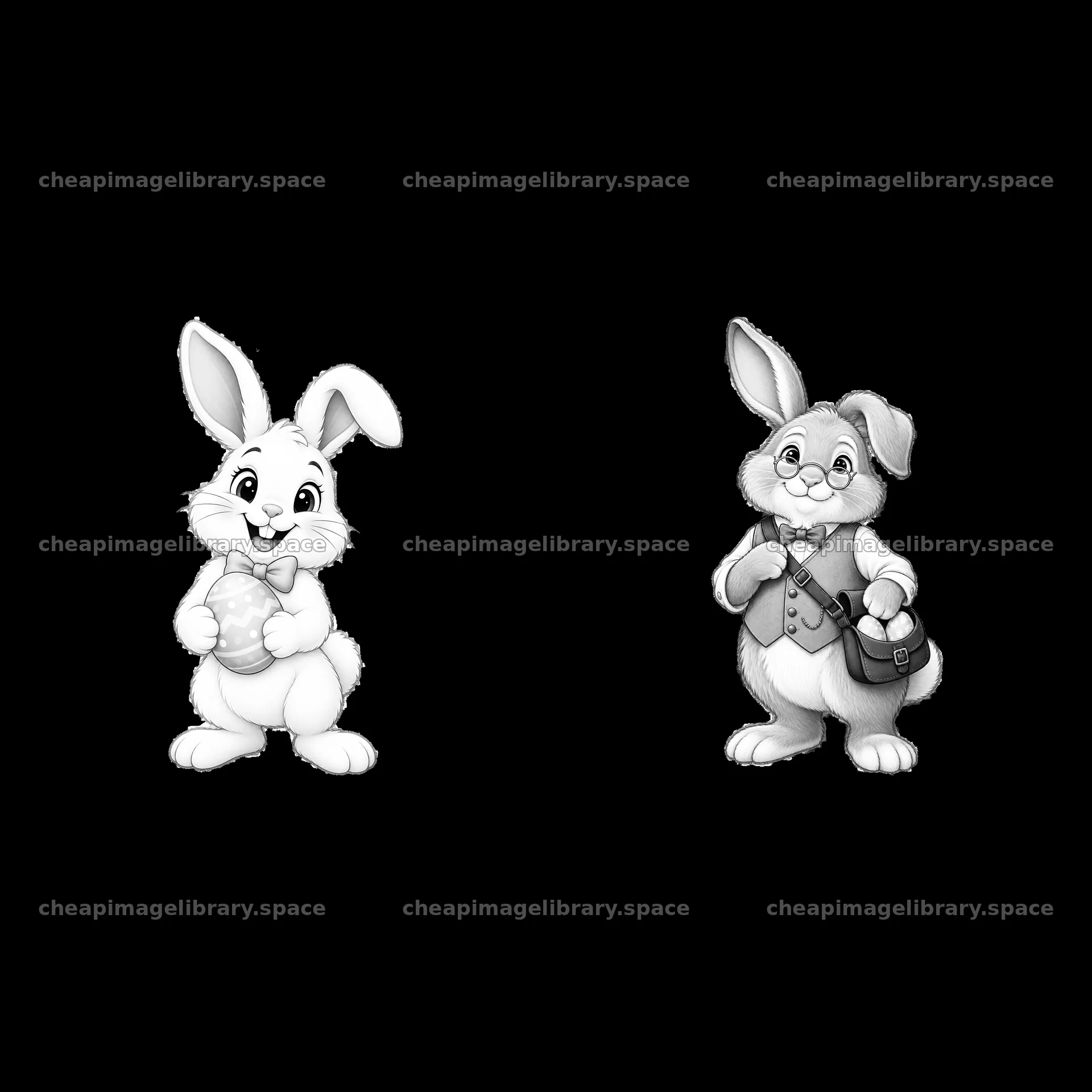 Easter Bunny pair holding gifts and accessories in black and white – image library 7746x7746