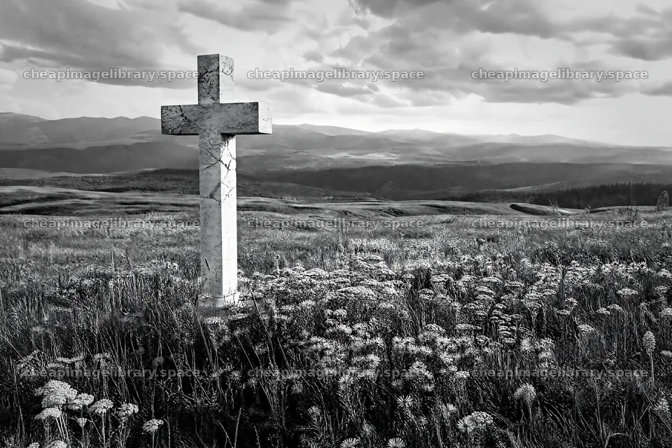 Marble Christian cross in green meadow under cloudy sky – image library 9722x6480