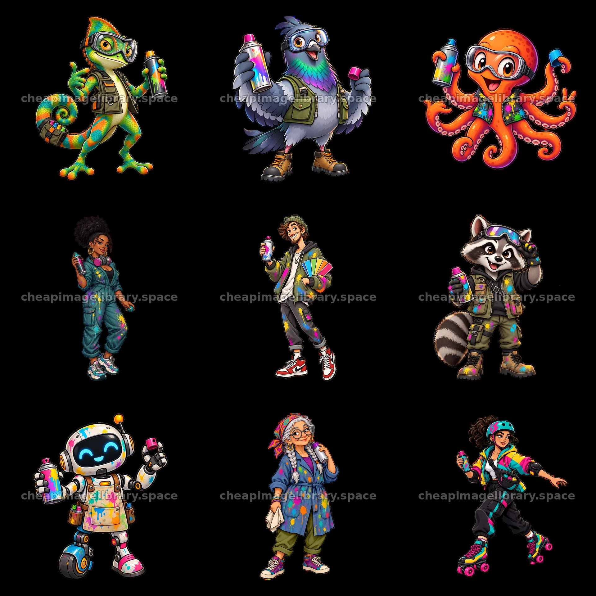 Nine graffiti sprayers with colorful designs and unique characters – image library 7746x7746