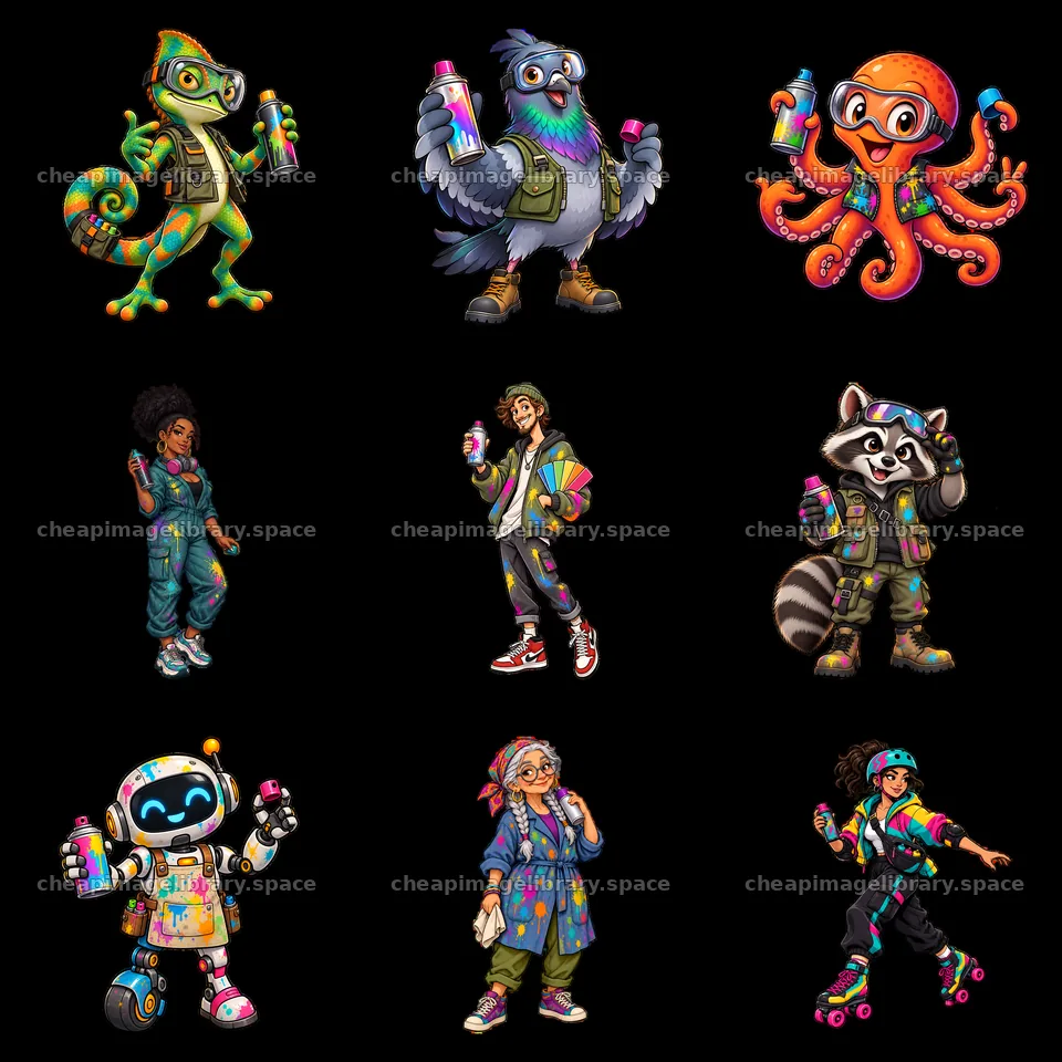 Nine graffiti sprayers with colorful designs and unique characters – image library 7746x7746