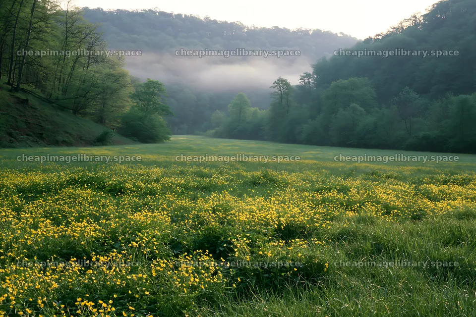 Wooded valley meadow with yellow flowers in early morning light – image library 9722x6480