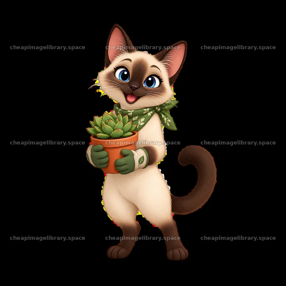 Cat holding a potted succulent in gardening attire – image library 7746x7746