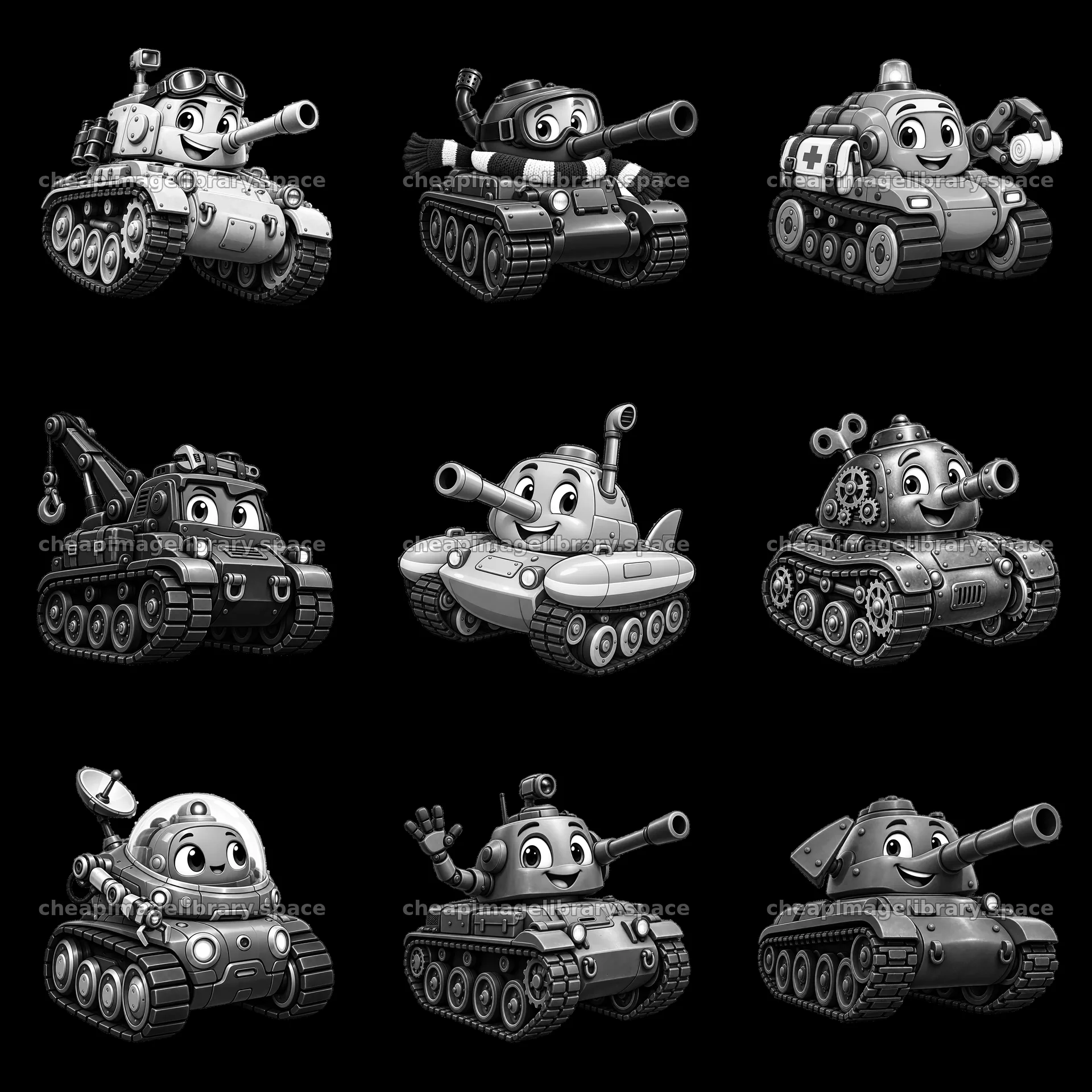Cartoon tanks with diverse characters in a grid layout – image library 7746x7746