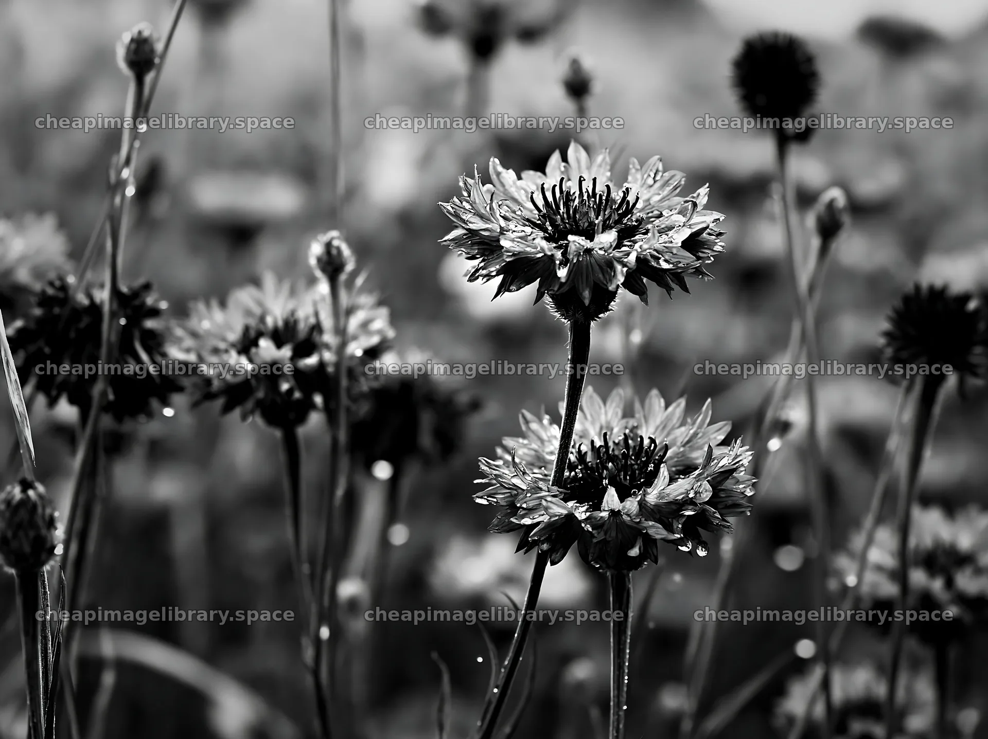 Rainy valley meadow with blue flowers and raindrops – image library 9174x6866