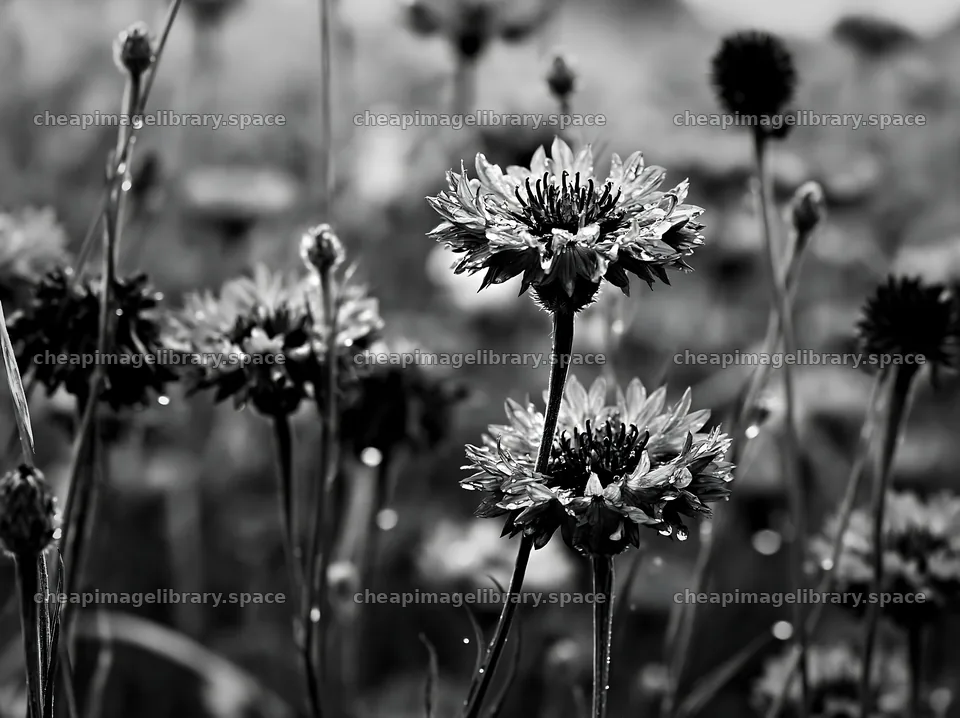 Rainy valley meadow with blue flowers and raindrops – image library 9174x6866