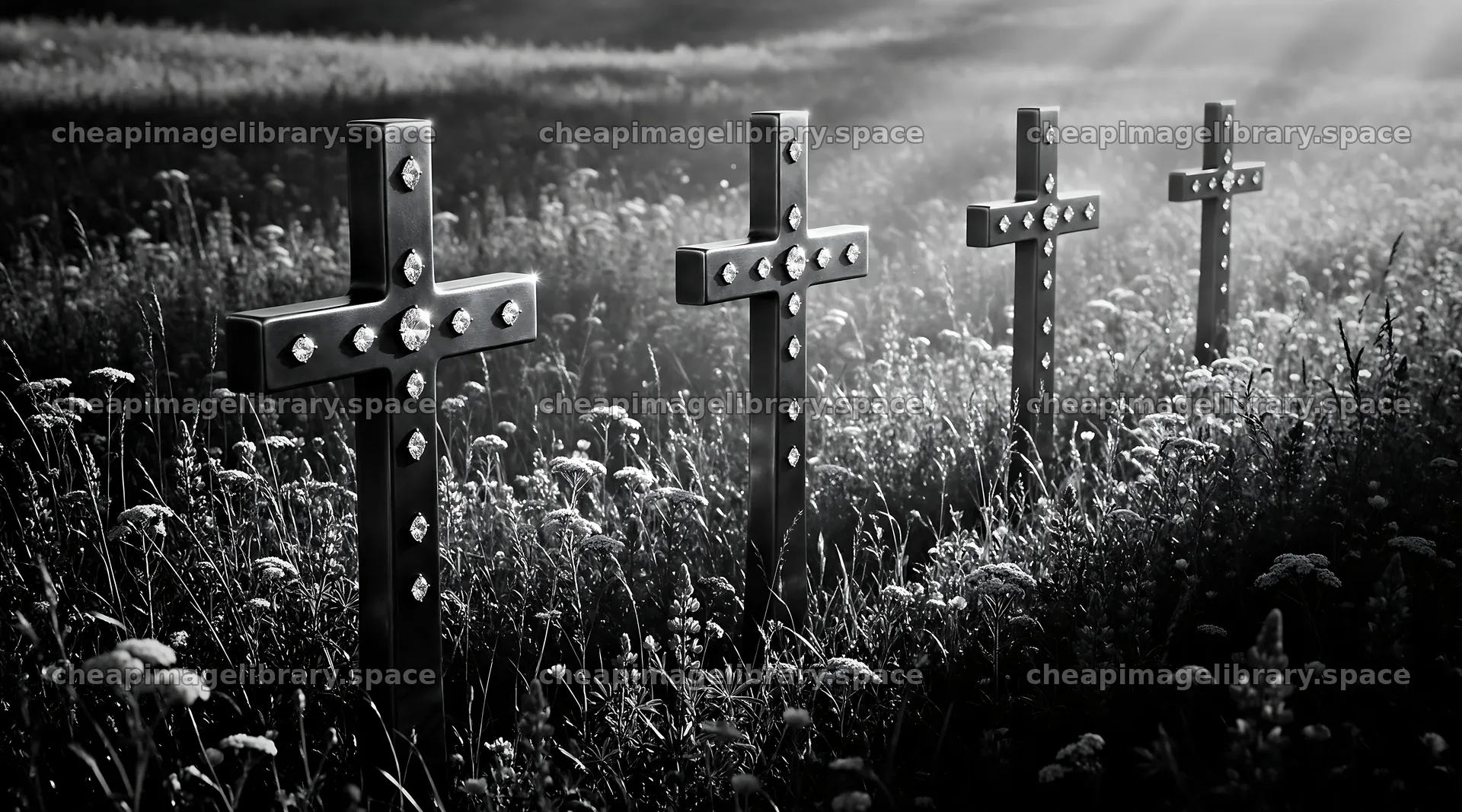 Christian crosses in meadow with sunbeams in background – image library 10648x5916