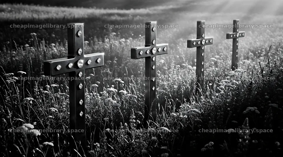 Christian crosses in meadow with sunbeams in background – image library 10648x5916