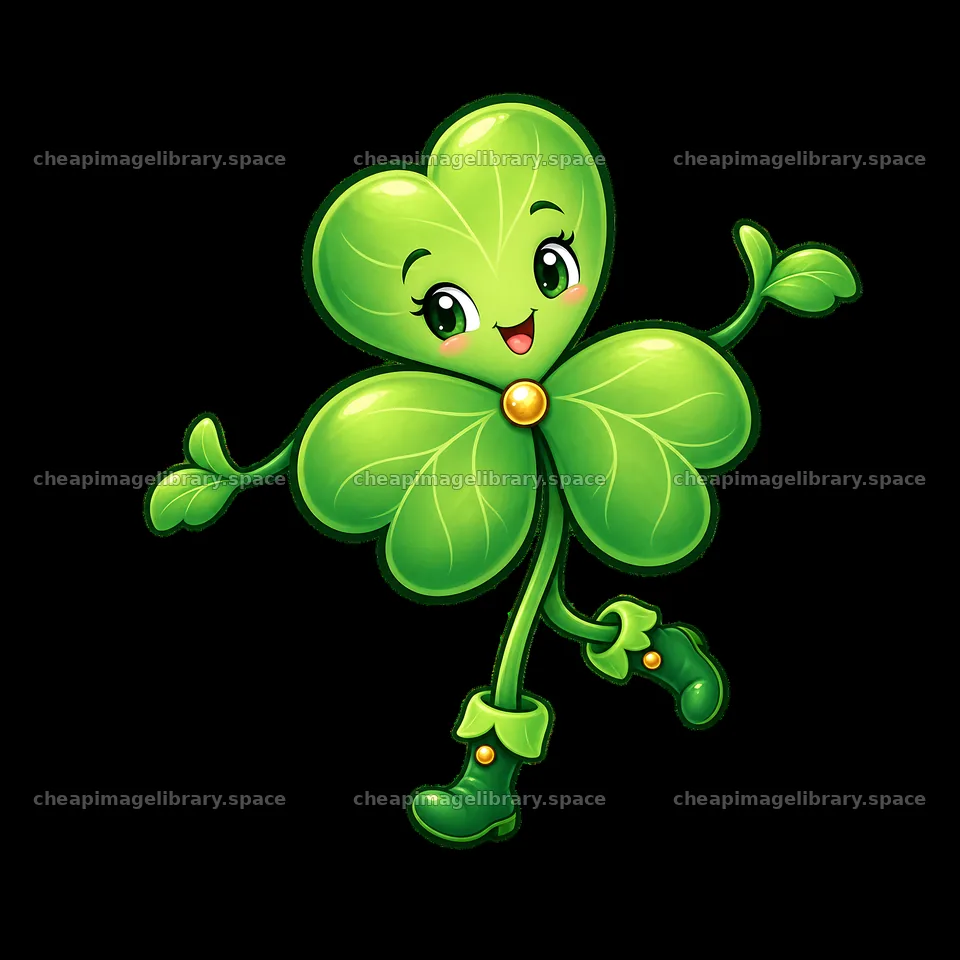 Cheerful smiling shamrock character with green boots and leaves – image library 7746x7746