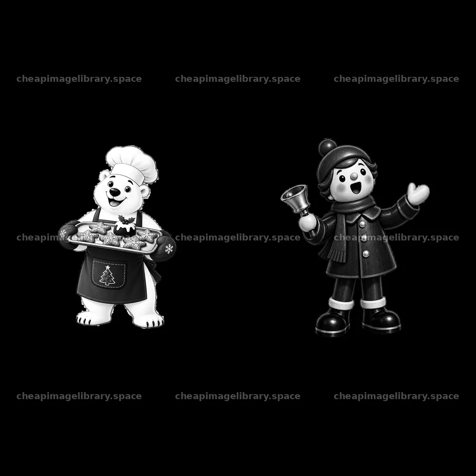 Cartoon polar bear chef and boy with bell at Christmas Villa – image library 7746x7746