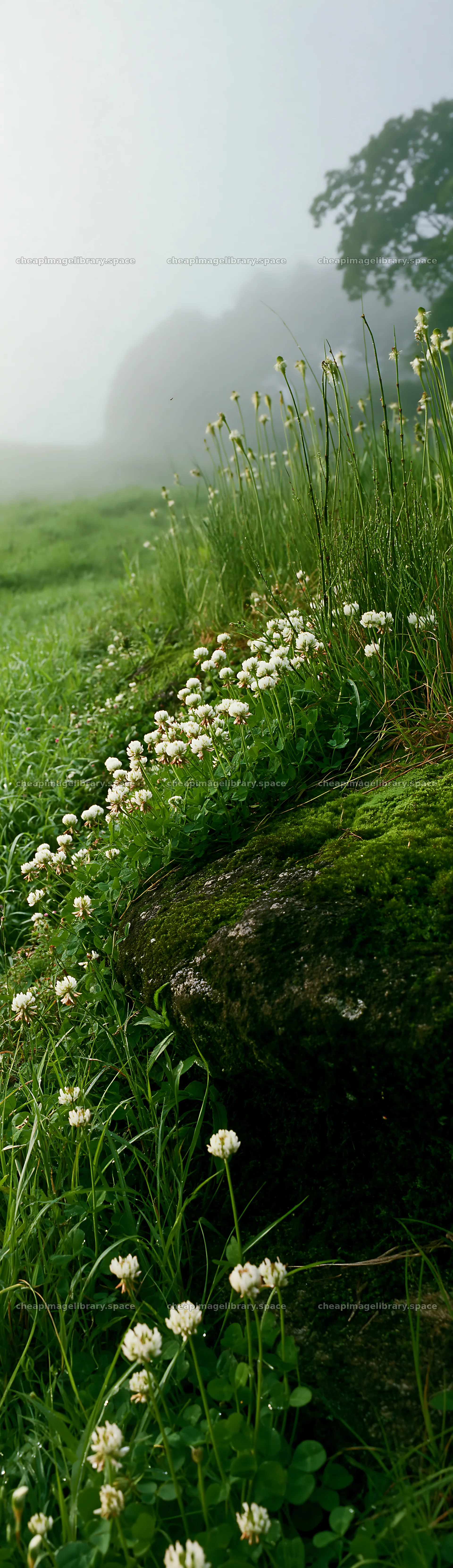 Shimane misty meadow moss covered stone in green grass – image library 4268x14762