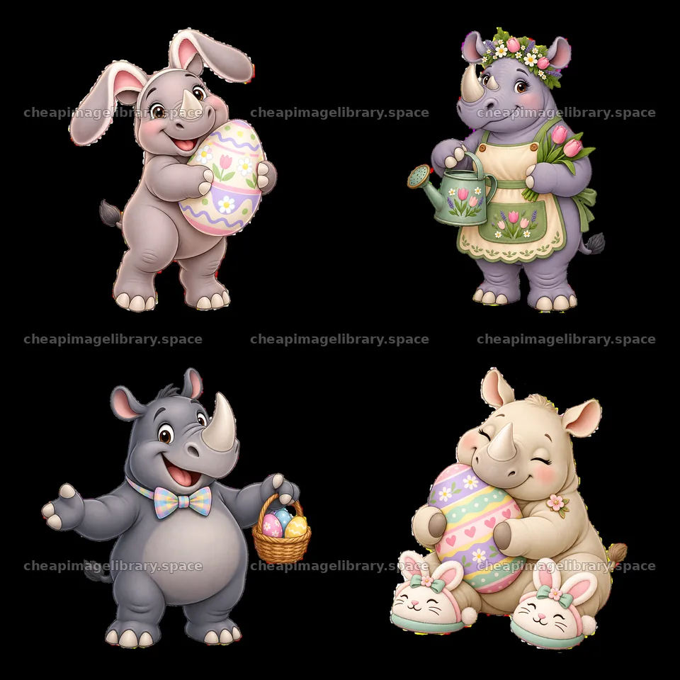 Easter rhinoceroses with eggs, baskets, and gardening tools – image library 7746x7746