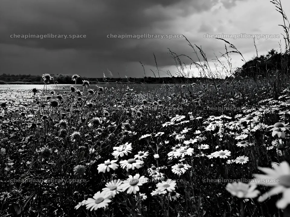 German lakeside meadow with wildflowers and dark cloudy sky – image library 9174x6866