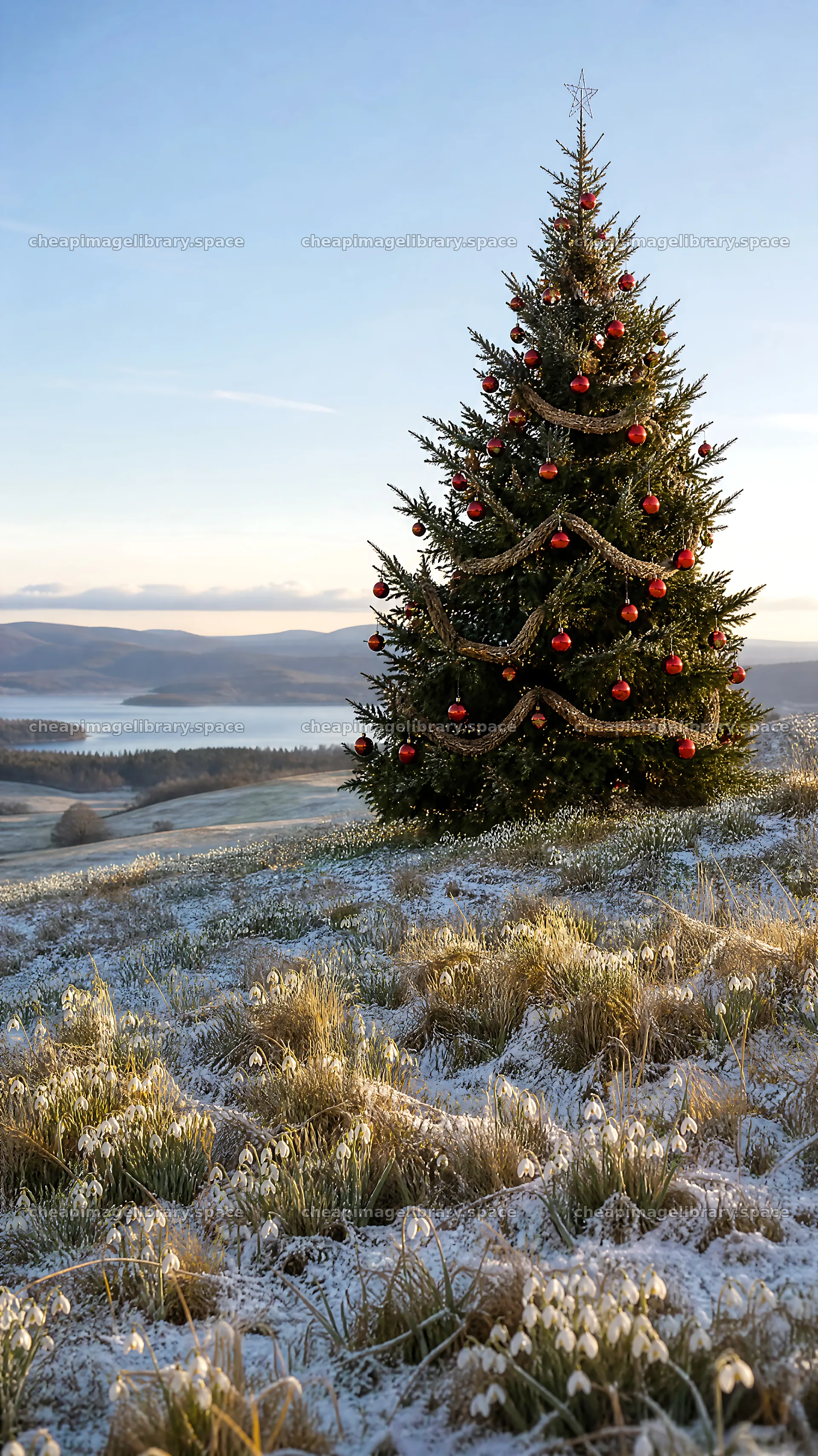 Vibrant Christmas tree in meadow under winter sunlight – image library 5952x10584