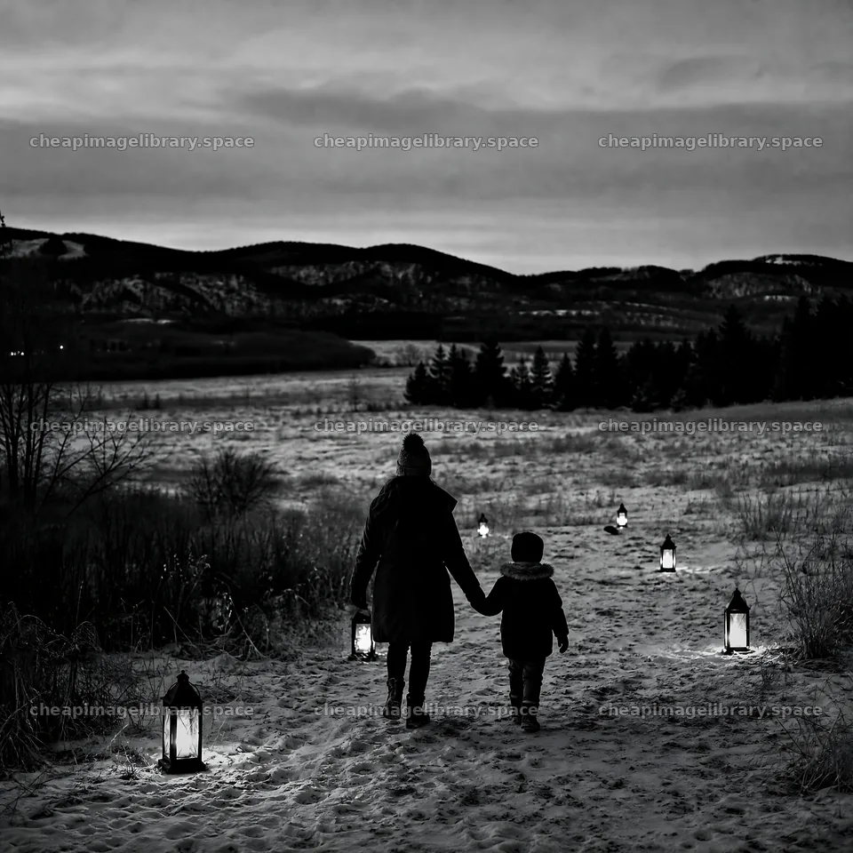 Christmas meadow path with lanterns at dusk – image library 7938x7938