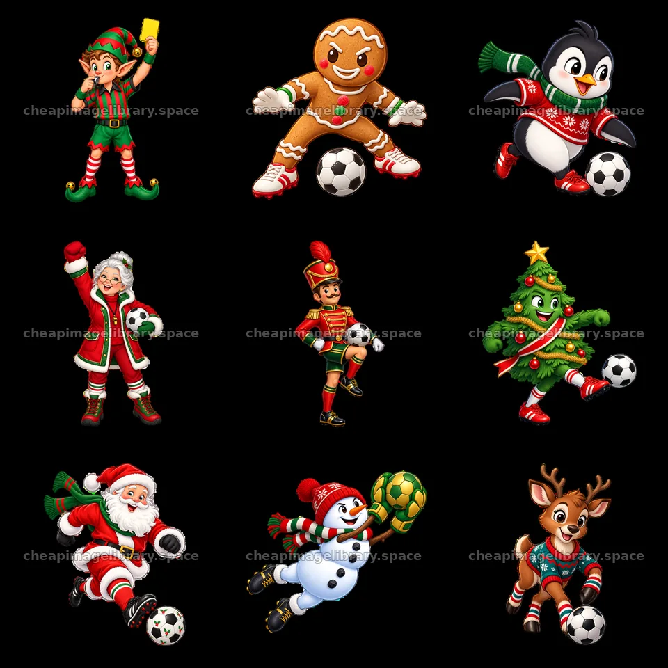 Christmas themed cartoon characters playing soccer in a grid layout – image library 7746x7746