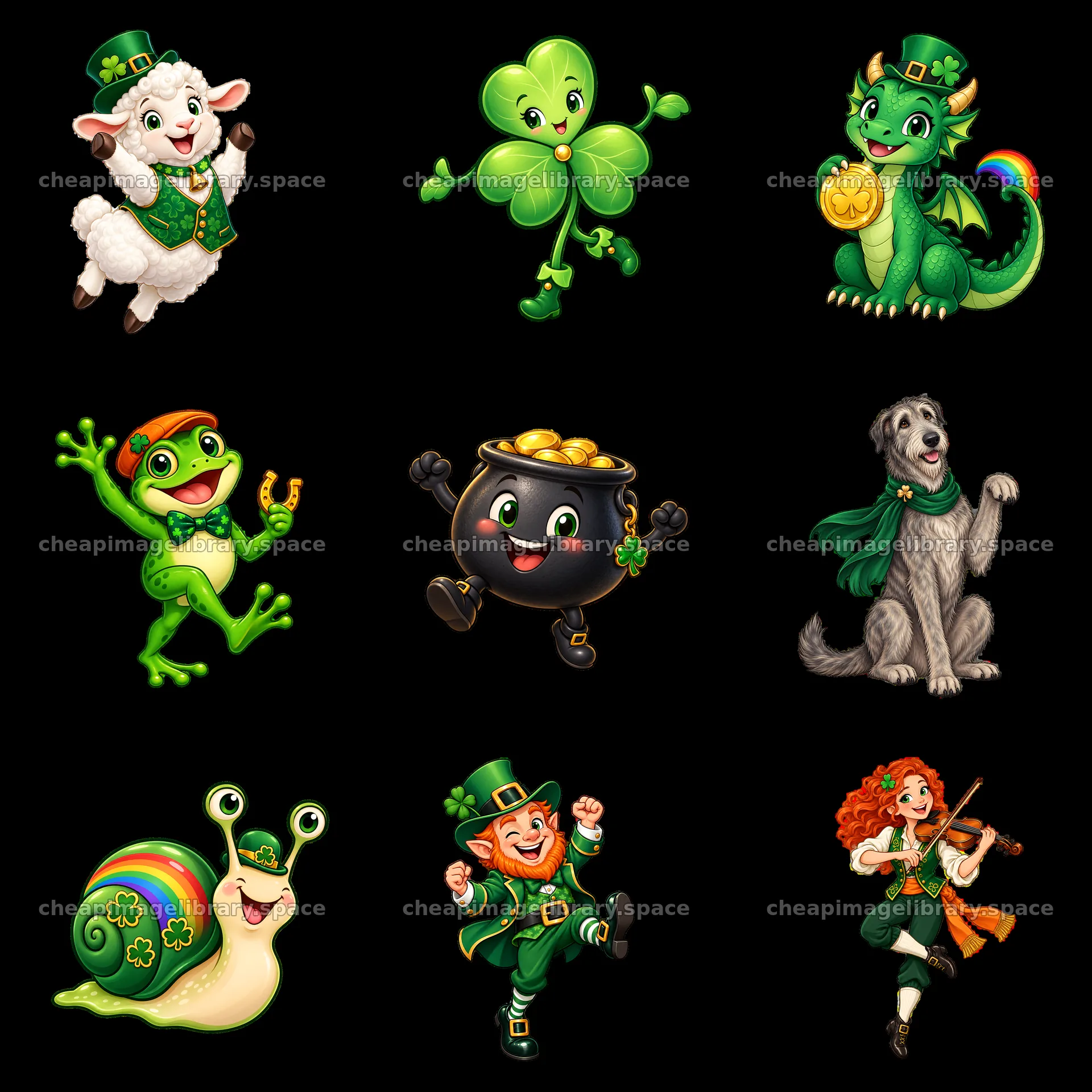 St. Patrick's Day cartoon stickers with various festive characters – image library 7746x7746