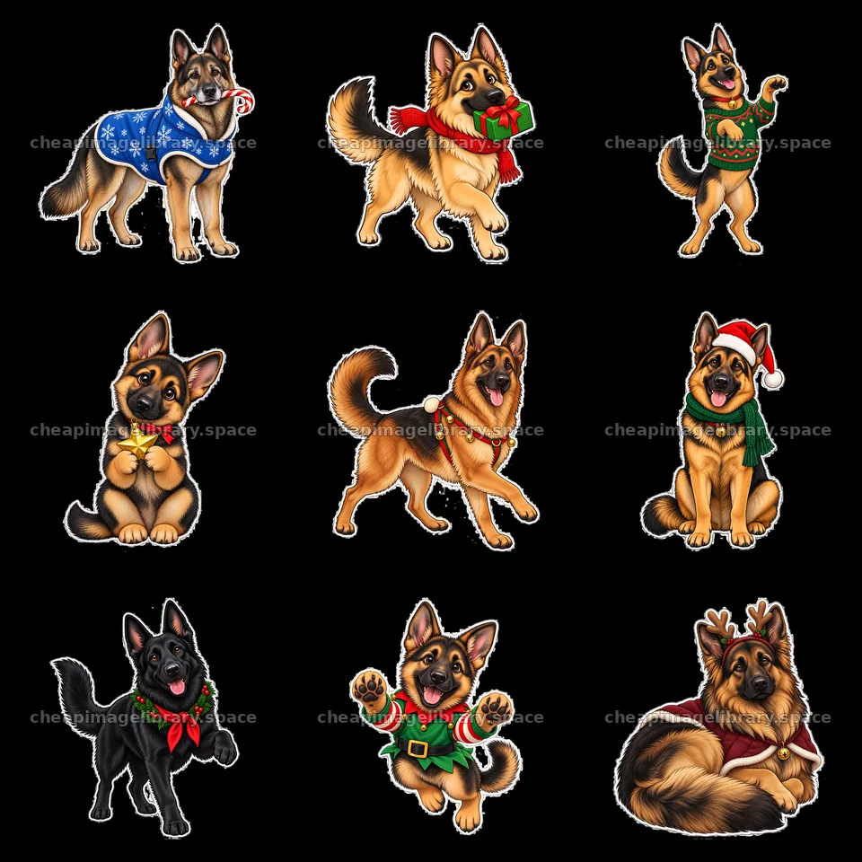 Christmas German Shepherd sticker collection in 3x3 grid – image library 7746x7746