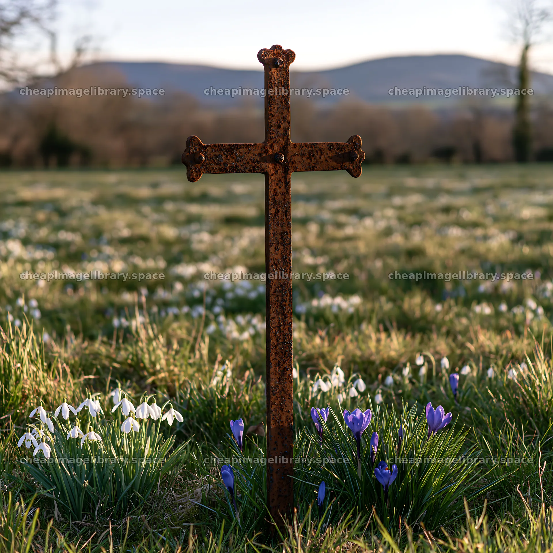 Iron Christian cross in winter meadow with flowers – image library 7938x7938