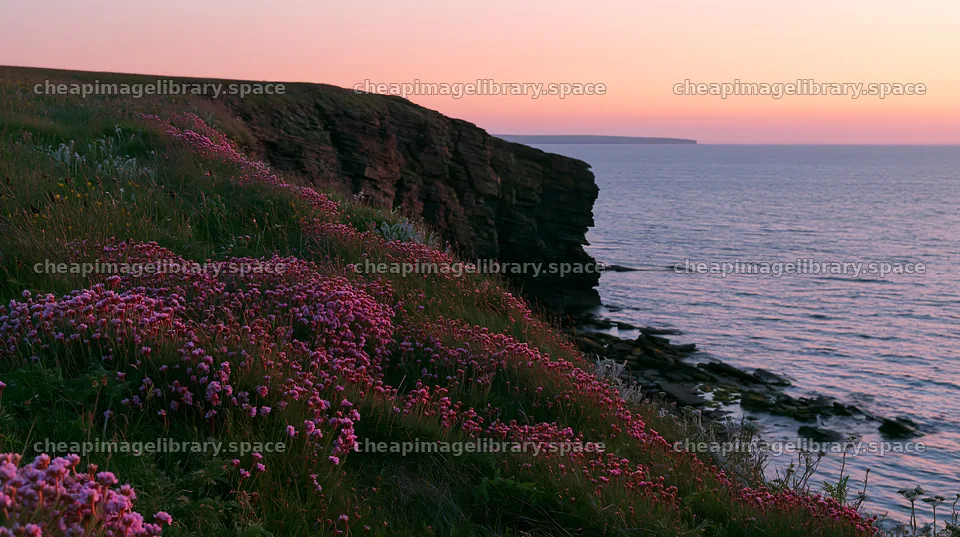 Coastal meadow cliffs with flowers during sunset – image library 10608x5938