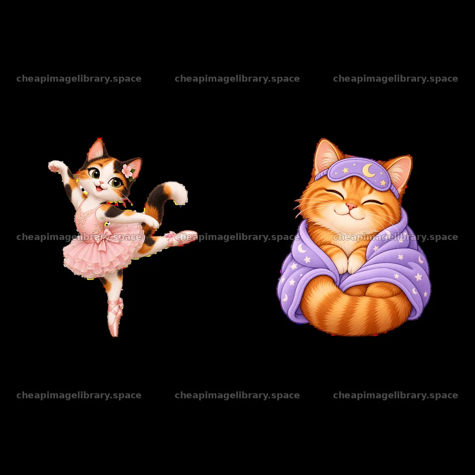 Ballet cat and sleepy cat stickers in colorful attire – image library 7746x7746