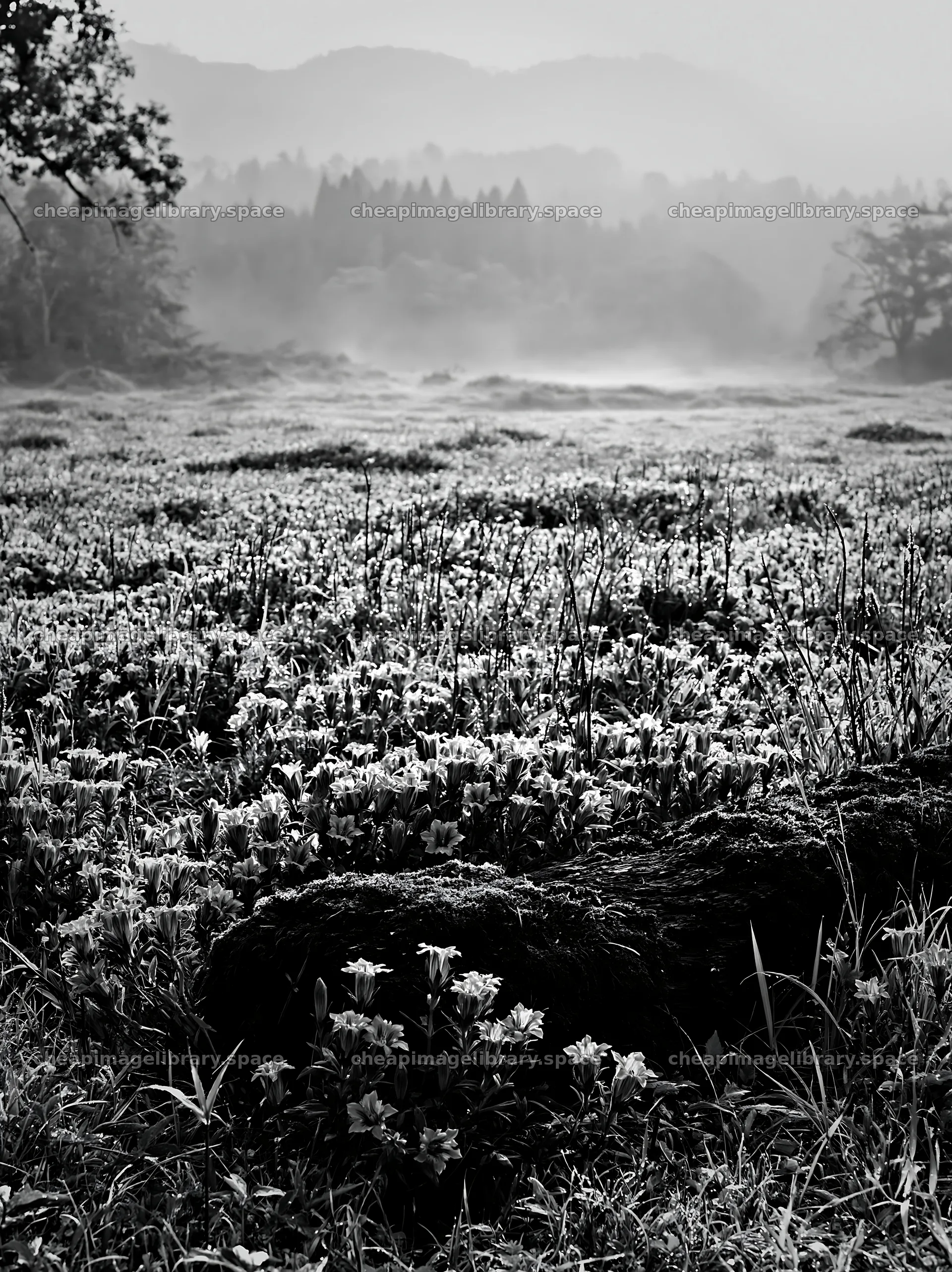 Gifu low carbon meadow mossy log surrounded by flowers – image library 6866x9174
