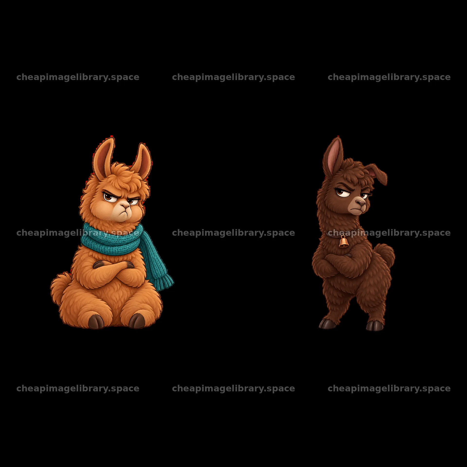Grumpy llamas in a sticker illustration with colors and expressions – image library 7746x7746
