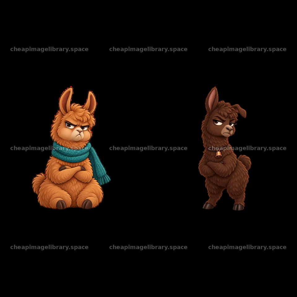 Grumpy llamas in a sticker illustration with colors and expressions – image library 7746x7746