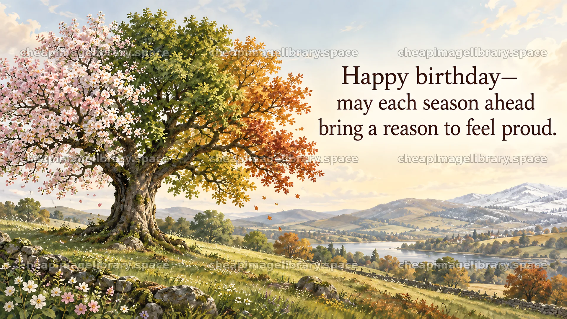 Birthday Greeting with a Tree Across the Seasons – image library 10324x5812